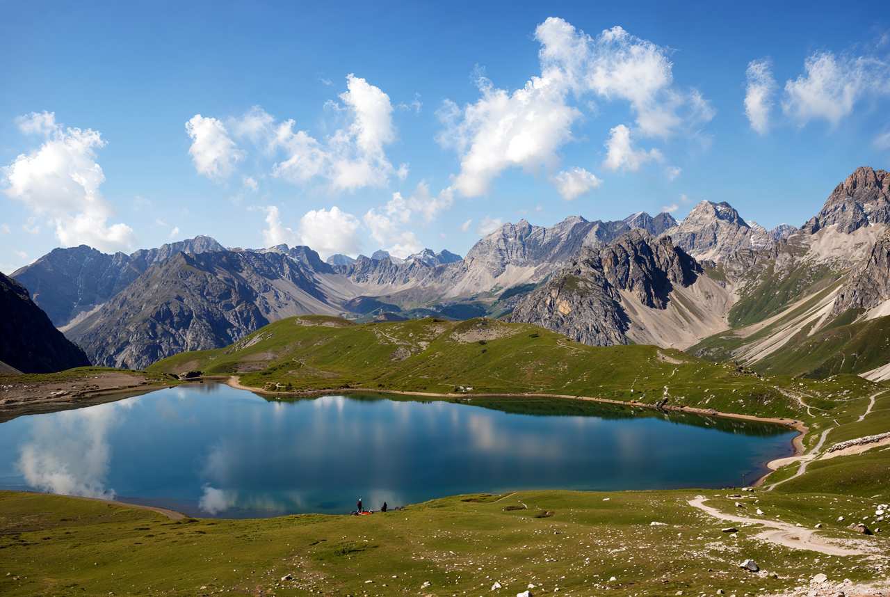 Blick auf einen hochgelegenen Bergsee in den Lechtaler Alpen, umgeben von schroffen Gipfeln und grünem Almboden unter blauem Himmel.