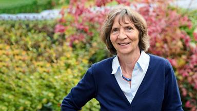 Porträtfoto einer älteren Frau mit kurzen Haaren im Pullover mit V-Ausschnitt und Bluse drunter vor einem Busch im Garten.