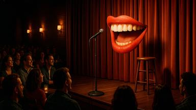 Das Bild zeigt eine humorvolle und surreal inszenierte Szene in einem Comedy-Club. Im Mittelpunkt steht eine Bühne mit einem Mikrofonständer und einem Hocker, eingerahmt von roten Vorhängen. Über dem Mikrofon schwebt eine überdimensionale, freischwebende Mundpartie mit strahlend weißen Zähnen, die zu sprechen oder zu lachen scheint. Diese Darstellung betont auf kreative Weise die zentrale Rolle von Sprache und Humor im Stand-up-Comedy-Genre. Im Vordergrund ist das Publikum in einem schummrig beleuchteten Raum zu erkennen, das gespannt auf die Bühne blickt. 