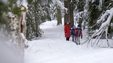 Das Bild zeigt eine winterliche Landschaft im Alpbachtal. Im Vordergrund sind ein verschneiter Pfad und eine Ansammlung von Schneeverwehungen zu sehen. Auf diesem Pfad gehen eine Frau und zwei Kinder. 

Die Frau trägt einen langen roten Mantel und eine graue Mütze. Die Kinder sind in dicke Winterjacken gekleidet, einer trägt eine blaue Mütze und der andere hat eine Jacke in Rot und Blau an. Sie bewegen sich, während es um sie herum von schneebedeckten Bäumen umgeben ist. Der Hintergrund ist ruhige und von einem sanften Schneefall geprägt, der die gesamte Szene einhüllt. 

Die Umgebung wirkt friedlich und winterlich, was die winterliche Atmosphäre der Region unterstreicht.