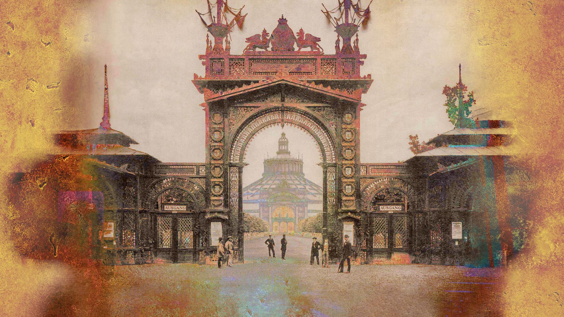 Eingangstor zur Weltausstellung 1873 mit Rotunde im Hintergrund