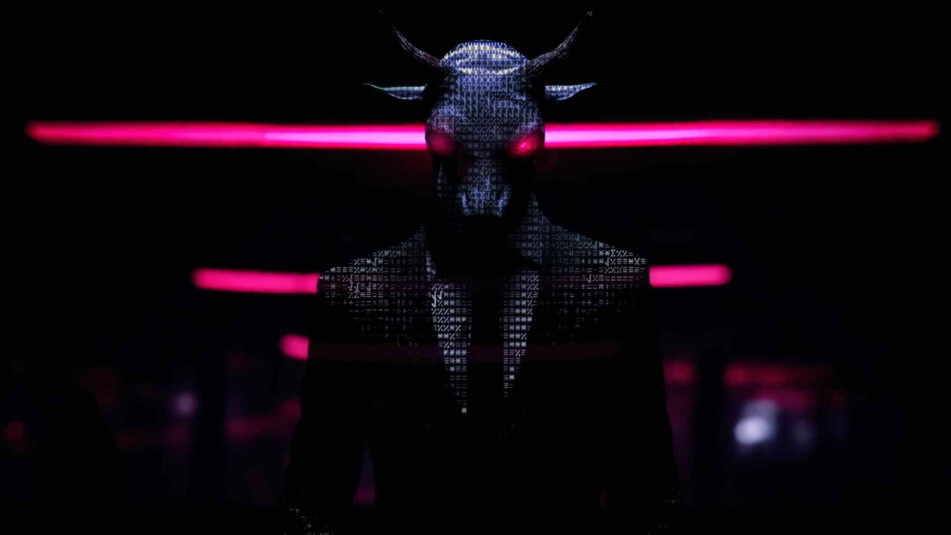 Computeranimation einer gehörnten Person, die aus Nullen und Einsen besteht, mit gehörntem Kopf und im Businessanzug, deren Aufen pink brennen.