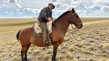 Ein Gaucho sitzt auf einem Pferd in einer offenen, grasbewachsenen Landschaft. Er trägt eine graue Kappe und eine braune Jacke. Der Himmel ist leicht bewölkt, im Hintergrund sind sanfte Hügel sichtbar.