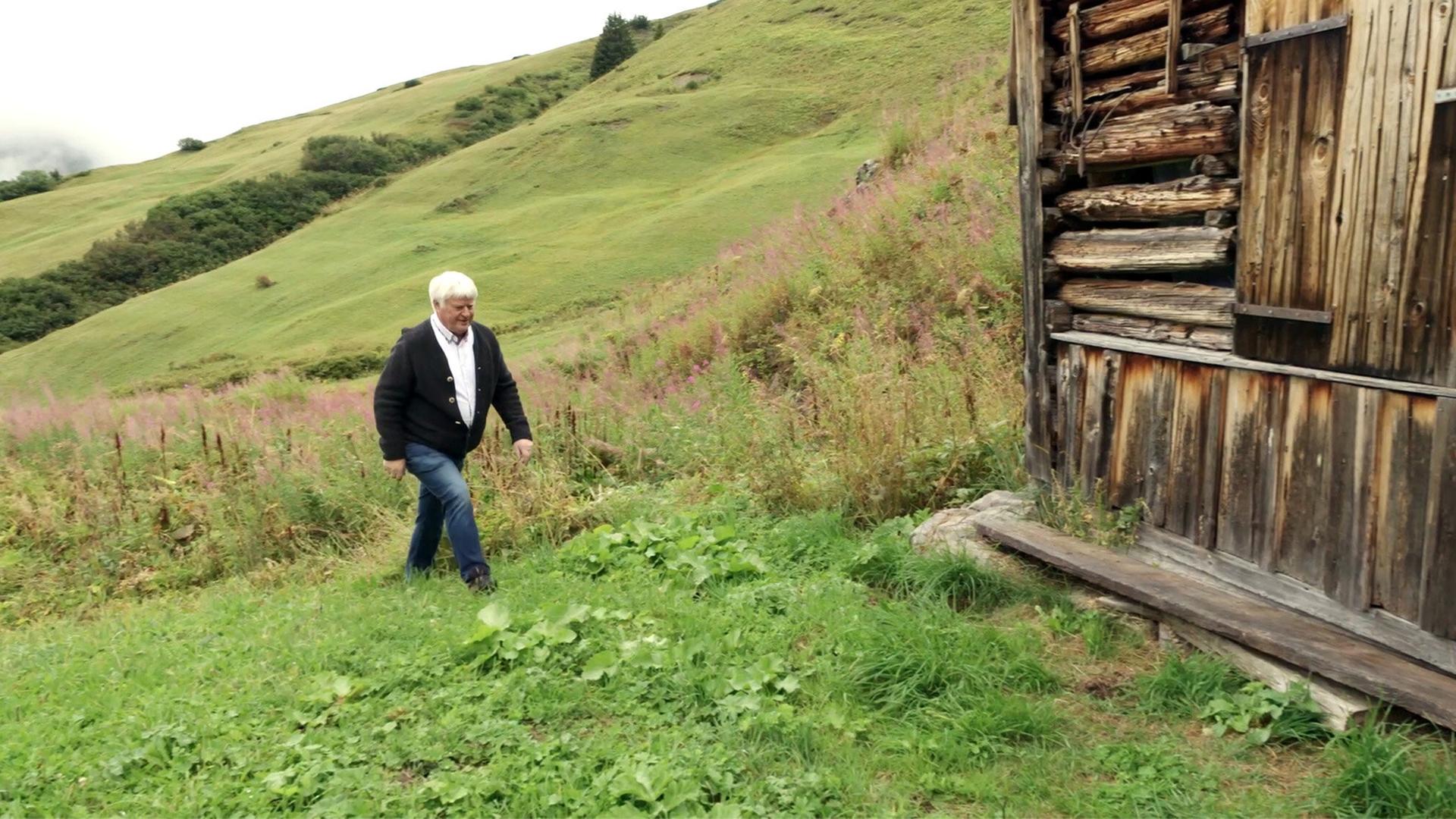 Das Bild zeigt einen Mann, der auf einer Wiese in den Alpen geht. Er trägt einen schwarzen Pullover und eine helle, langärmlige Bluse. Der Mann hat graue Haare und eine kräftige Statur. Er geht in Richtung einer Holzhütte, die auf der rechten Seite des Bildes zu sehen ist. Die Hütte besteht aus groben, dunklen Holzbohlen und hat einige offene Fenster.  Im Hintergrund sind sanfte, grüne Hügel zu erkennen, die mit kleinen Bäumen und blühenden Pflanzen bedeckt sind. Die Vegetation ist üppig, und es gibt Gras sowie einige bunte Blumen, insbesondere in Lila- und Grüntönen. Der Himmel ist bewölkt, was auf eine wechselhafte Wetterlage hinweist.  Die gesamte Szene vermittelt eine ruhige, alpine Atmosphäre, die mit der Natur und den ländlichen Gegebenheiten verbunden ist.