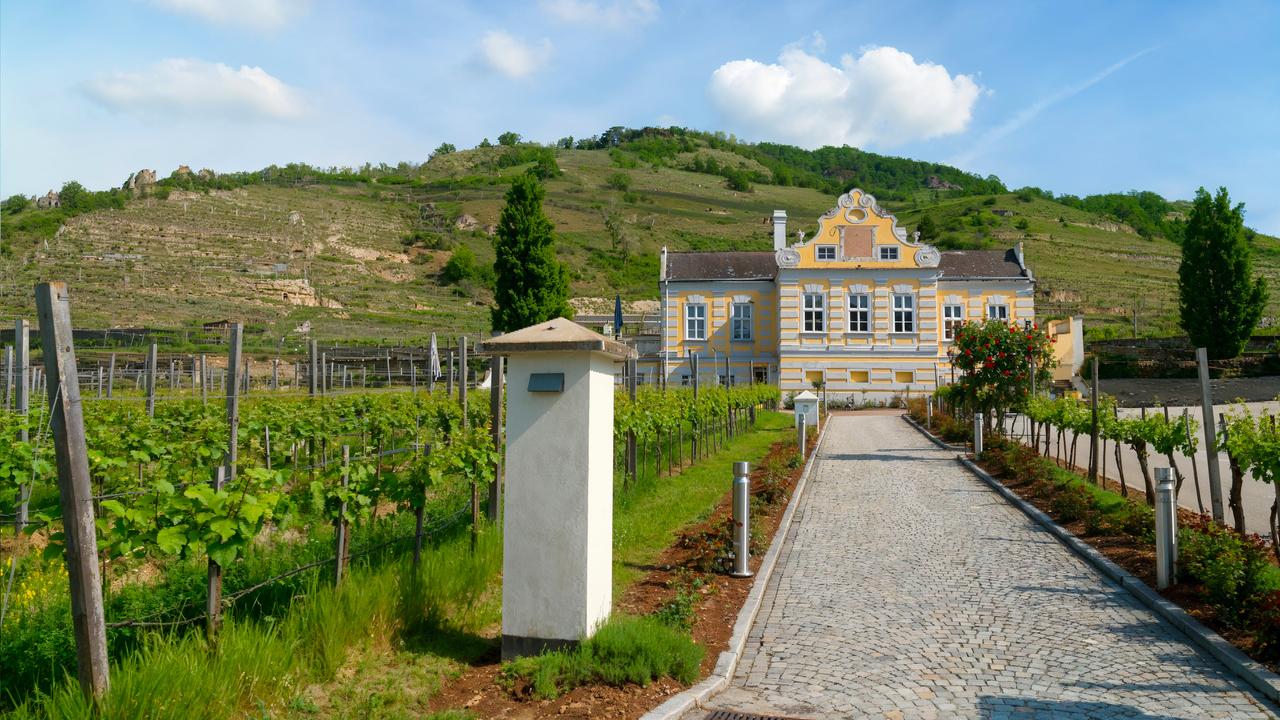 Kellerschlössel der Domäne Wachau in Dürnstein mit Weinterrassen im Hintergrund.