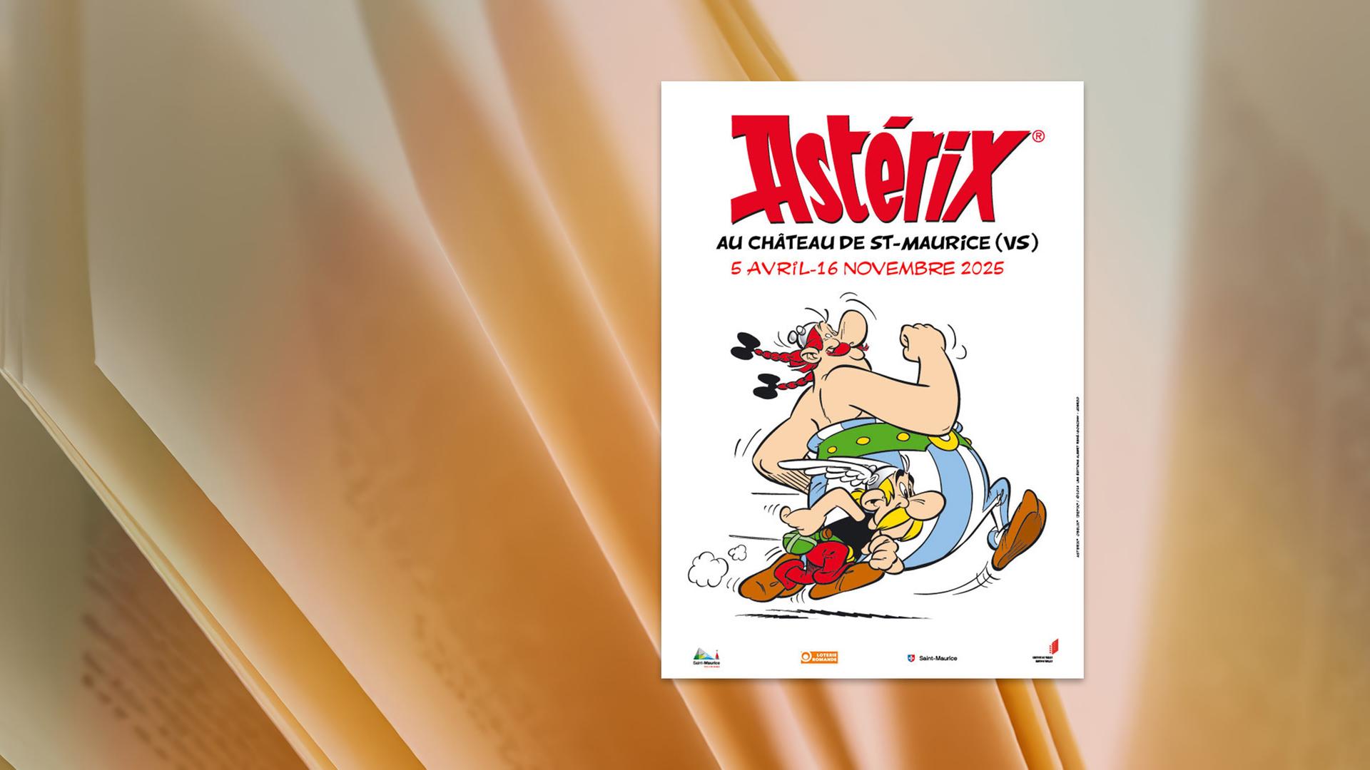 Auf dem Ausstellungsplakat sieht man Asterix und Obelix nach rechts rennen. Über Ihnen der Schriftzug "Asterix" in rot.