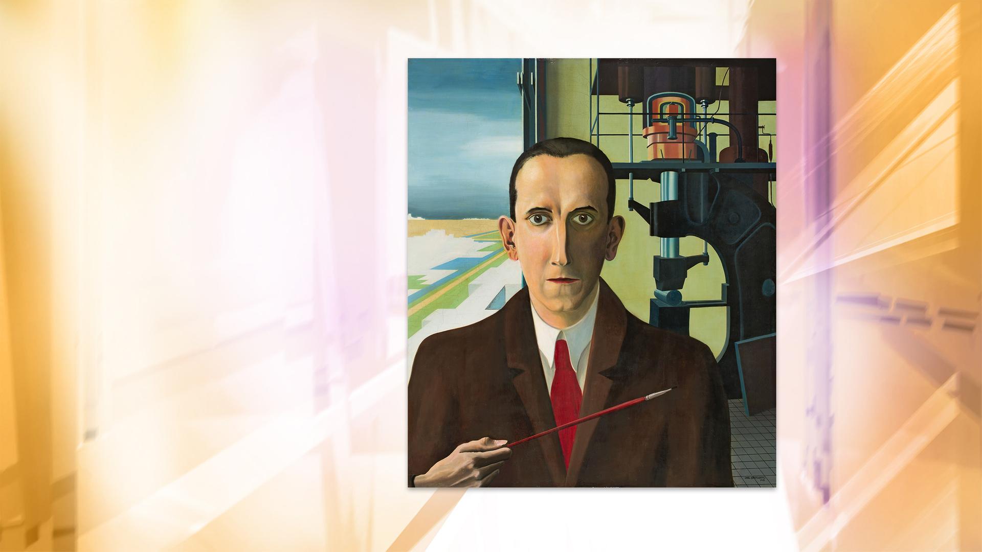 Man sieht das gemalte Bild eines Mannes, der einen Pinsel hält. Im Hintergrund befindet sich eine Industrieanlage.