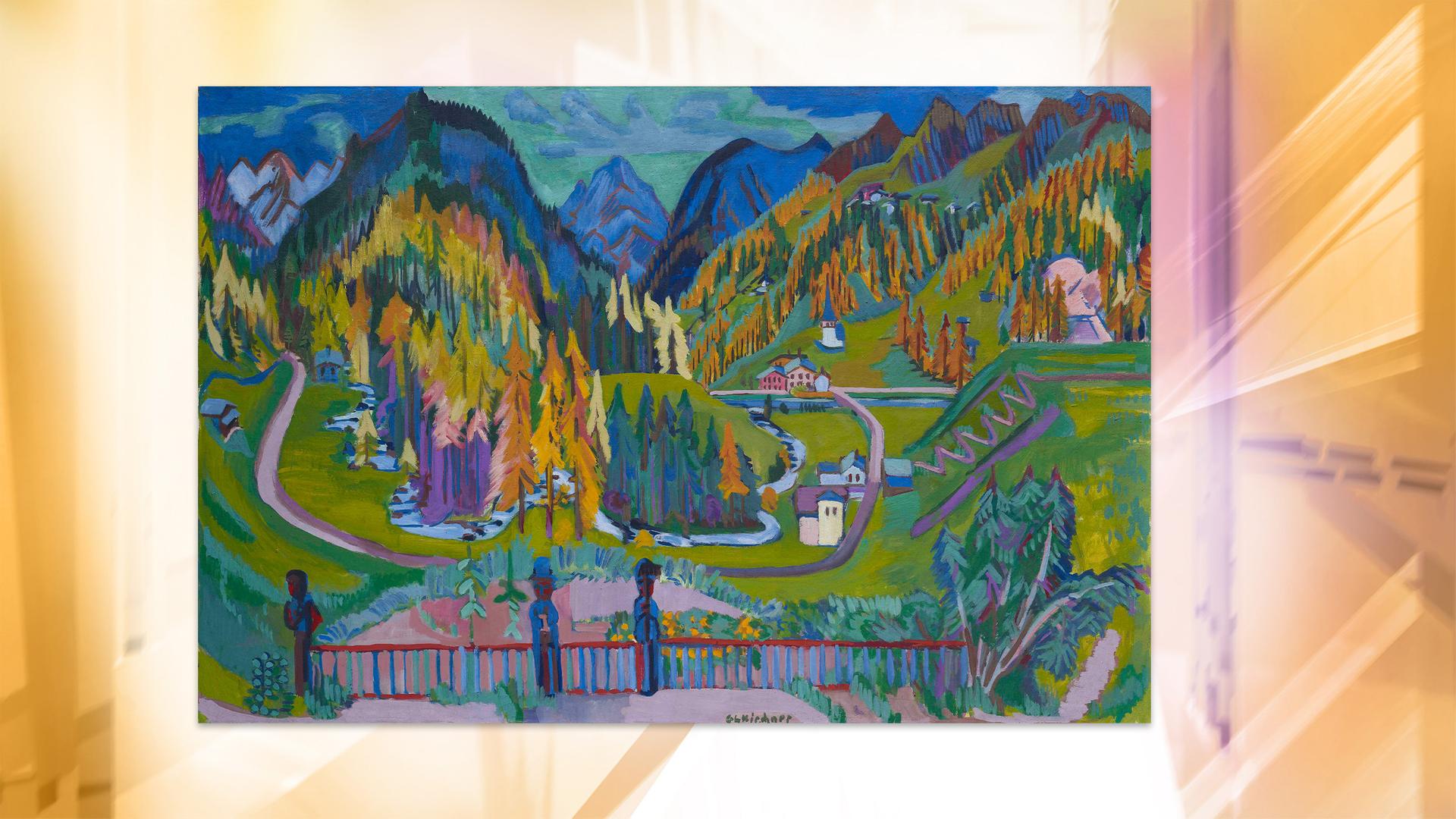 Man sieht ein buntes, expressionistisches Gemälde einer Alpenlandschaft.