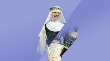 Auf der oberen, schräg angeschnittenen Hälfte des Bildes sieht man eine Nonne, auf der unteren Hälfte eine hölzerne Nonnenfigur.