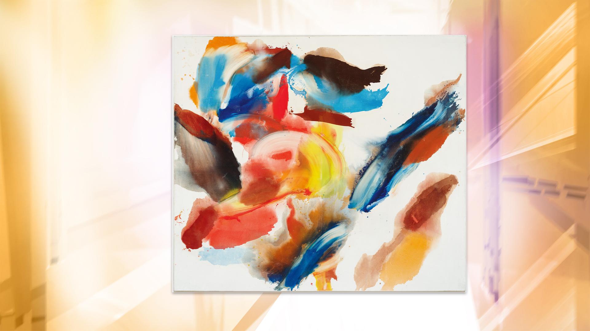 Man sieht ein abstraktes, buntes, modernes Gemälde.