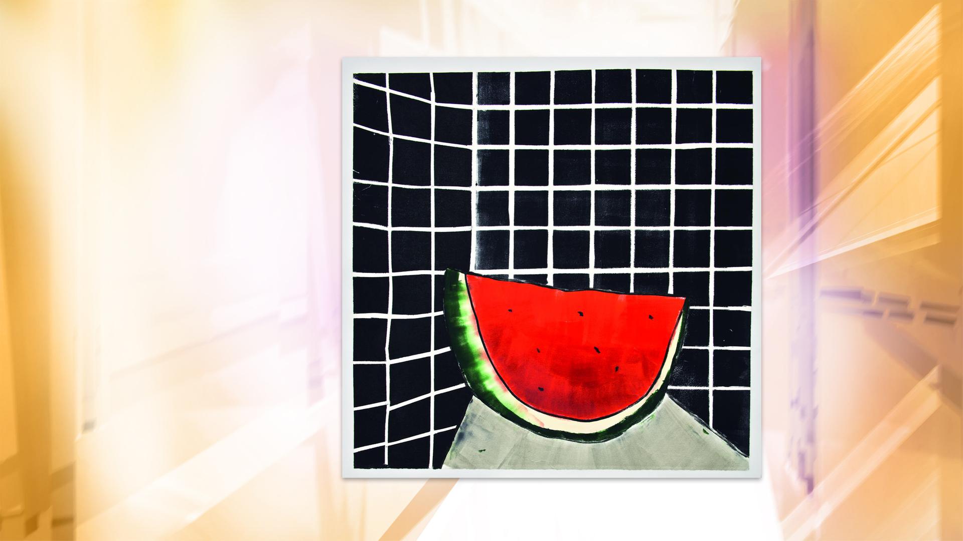 Man sieht das Gemälde einer Wassermelone vor einer schwarzen Gitterstruktur.