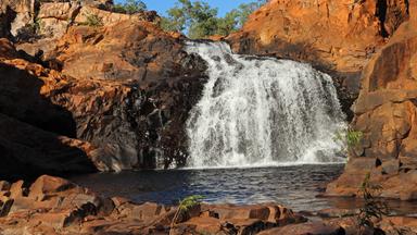 Ein breiter Wasserfall stürzt über eine rötliche Felskante in ein natürliches Wasserbecken im Kakadu-Nationalpark im Norden Australiens. Karge Felsen und grüne Vegetation umgeben das Gewässer. 