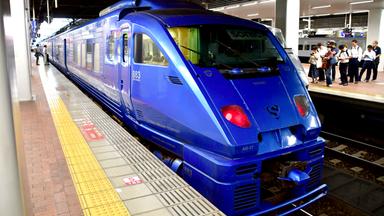 Ein blauer Expresszug steht an einer Station.