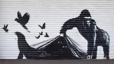 Ein Garagentor, auf dem ein Graffiti zu sehen ist, das einen Gorilla zeigt, der scheinbar das Garagentor wie einen vorhang anhebt und einen Seehund, Vögel und Fledermäuse frei lässt.