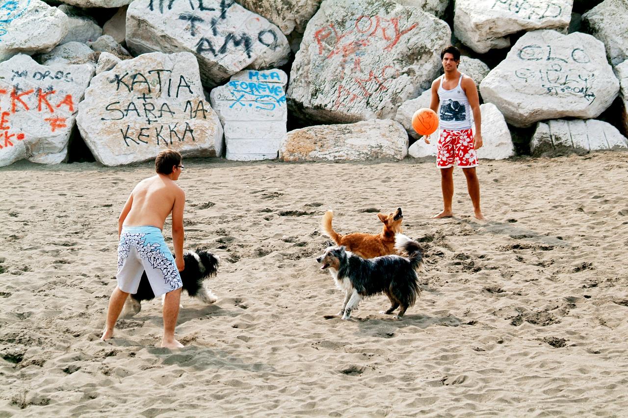 Spielzene am Strand mit Fußballern und den Hunden und "Terroni", "Bartolo" und "Leopardi"