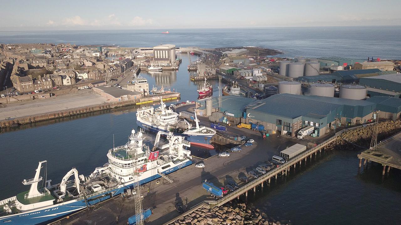 Der Fischereihafen Peterhead mit Fischkuttern 