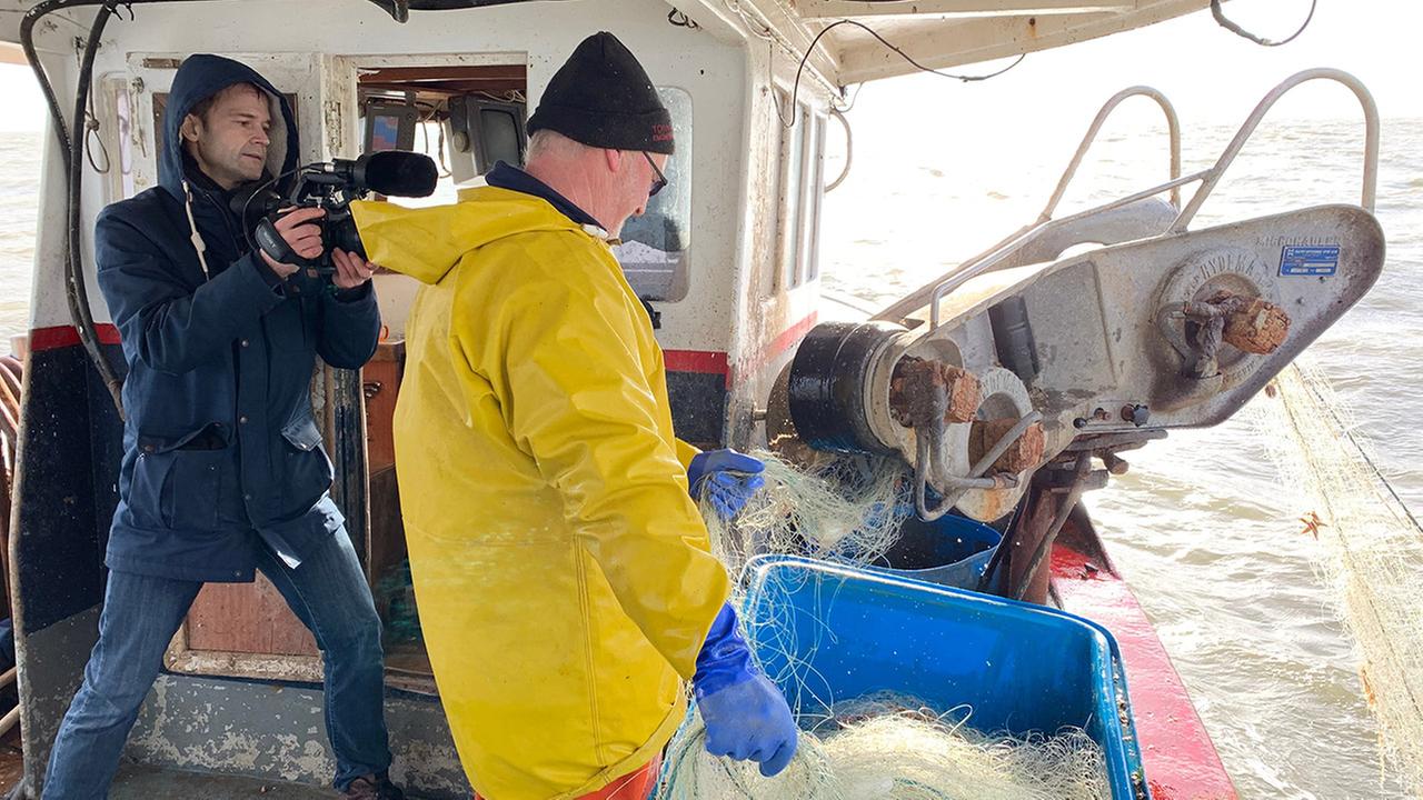 Ein Fischer wird beim Einholen eines Netzes gefilmt