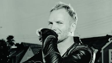 Schwarzweiß-Portät des jungen Sting. Der Sänger steht in einer offenen Autotür und legt seinen Arm auf dieser ab.