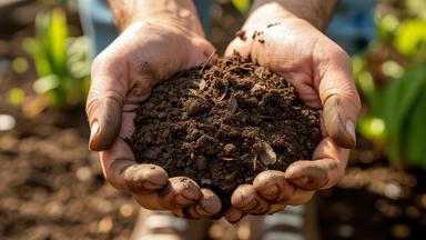 Zwei Hände mit Erde gefüllt