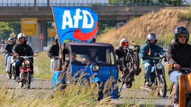 Mopedfahrer fahren gemeinsam mit einem blauen Kleinstwagen, aus dem jemand eine AfD-Flagge aus dem Fenster hält.