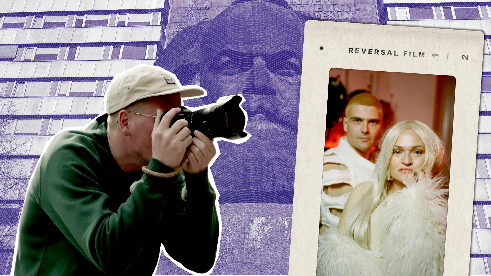 Bildmontage: Fotograf Konrad Langer vor dem Karl-Marx-Kopf "Nischel" in Chemnitz und das Electronica/Independent-Musikduo "Ätna" aus Dresden#.