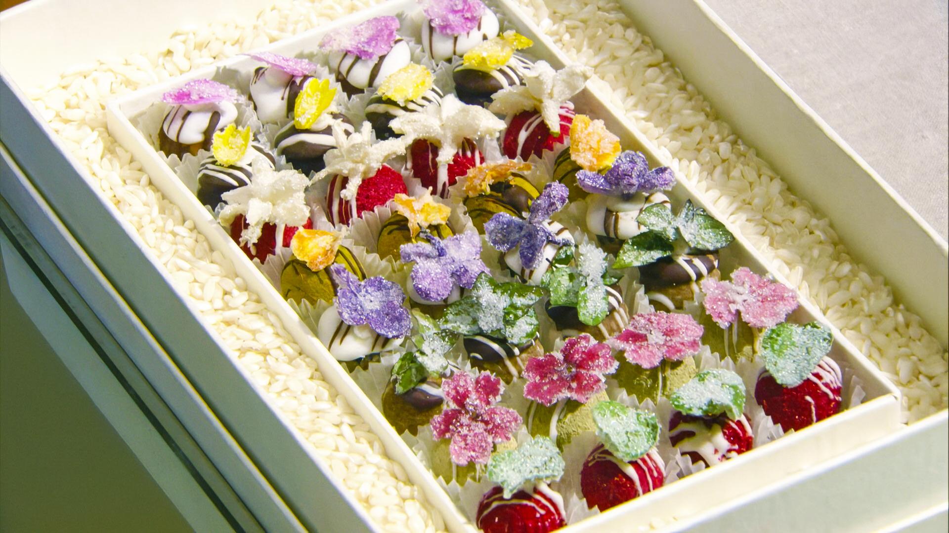Eine geöffnete Pralinenschachtel, sorgfältig bestückt mit handgemachten Pralinen, die mit kandierten Blüten und Blättern kunstvoll dekoriert sind. Die Pralinen liegen in einer Einlage mit getrocknetem Reis, was ihnen einen besonderen Rahmen gibt.