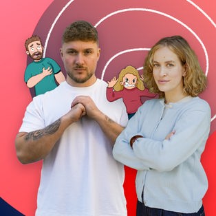 Ein junger Mann und eine junge Frau mit verschränkten Armen vor einem grafischen Hintergrund mit zwei Comic-Avataren