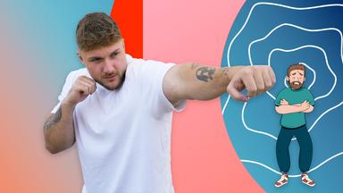 Ein junger Mann mit kämpferischer Haltung im Vordergrund, im Hintergrund sein Comic-Avatar in ängstlicher Haltung