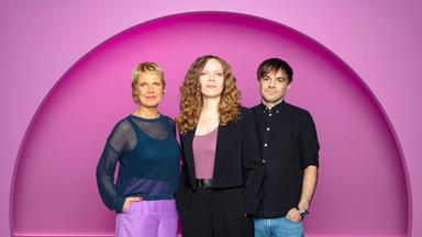 Sarah Bosetti steht in der Mitte des Bildes. Links von ihr steht Cordula Stratmann und rechts von Sarah Bosetti ist Sebastian Lehmann. Der Hintergrund ist rosa.