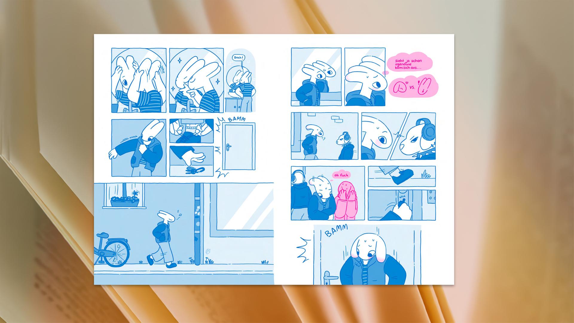 Man sieht die aufgeschlagenen Seiten eines Comicbandes, in den Farben blau und rosa gehalten.