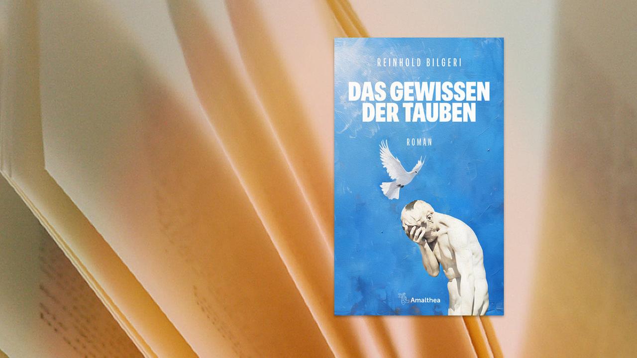 Auf einem blauen Buchumschlag ist eine weiße Taube zu sehen, die auf der Statue eines nackten Mannes zu landen scheinen will, der vorgebeugt das Gesicht in einer Hand verbirgt.