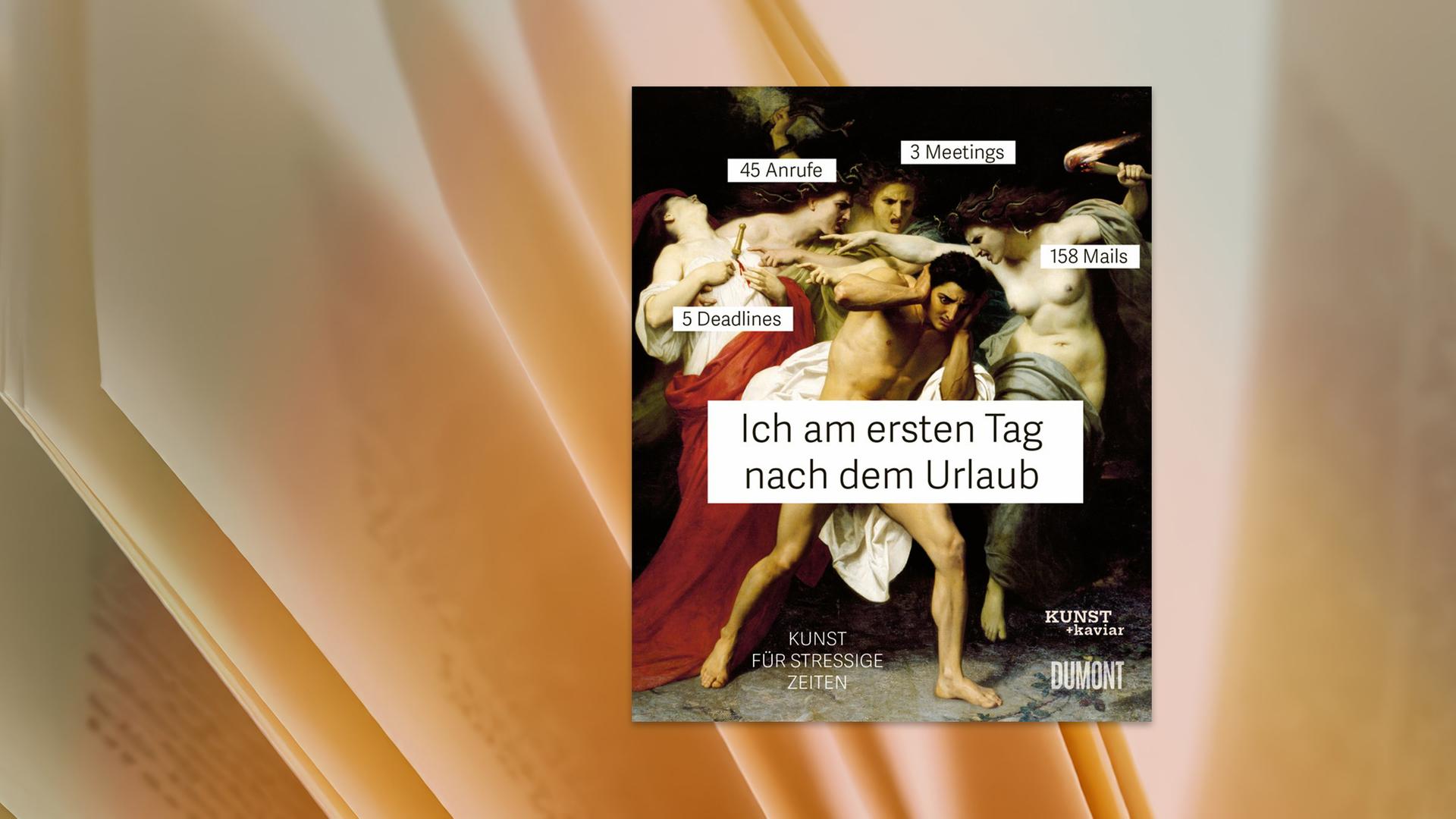 Auf dem Cover des Buches ist ein Gemälde zu sehen, auf dem sich ein Mann die Ohren zuhält und vier Personen versuchen auf ihn einzureden. Auf einem Textfeld auf dem Mann steht: "Ich am ersten Tag nach dem Urlaub." Auf vier Textfeldern bei den anderen Personen steht: "5 Deadlines", "45 Anrufe", "3 Meetings" und "158 Mails".
