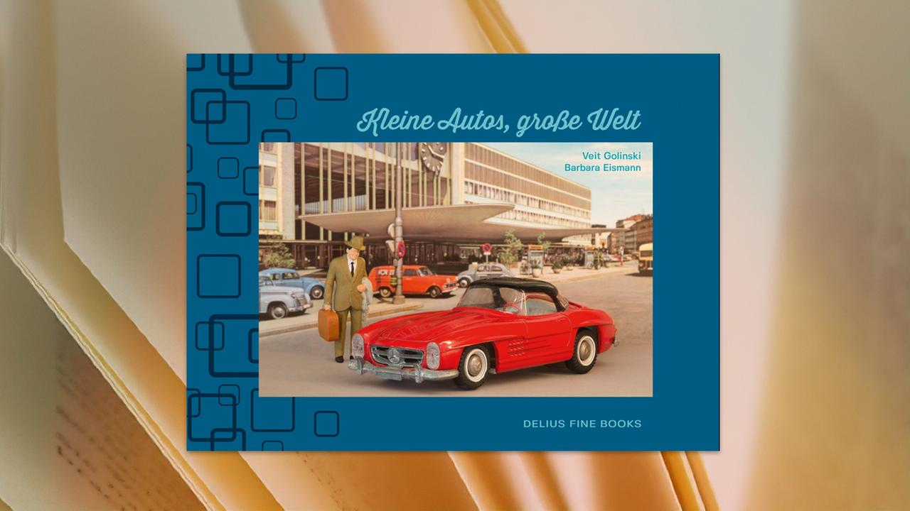 Auf einem Buchumschlag ist ein Farb-Foto von einer Straßenszene mit einem roten Cabriolet und einem Mann in Anzug mit Koffer zu sehen.