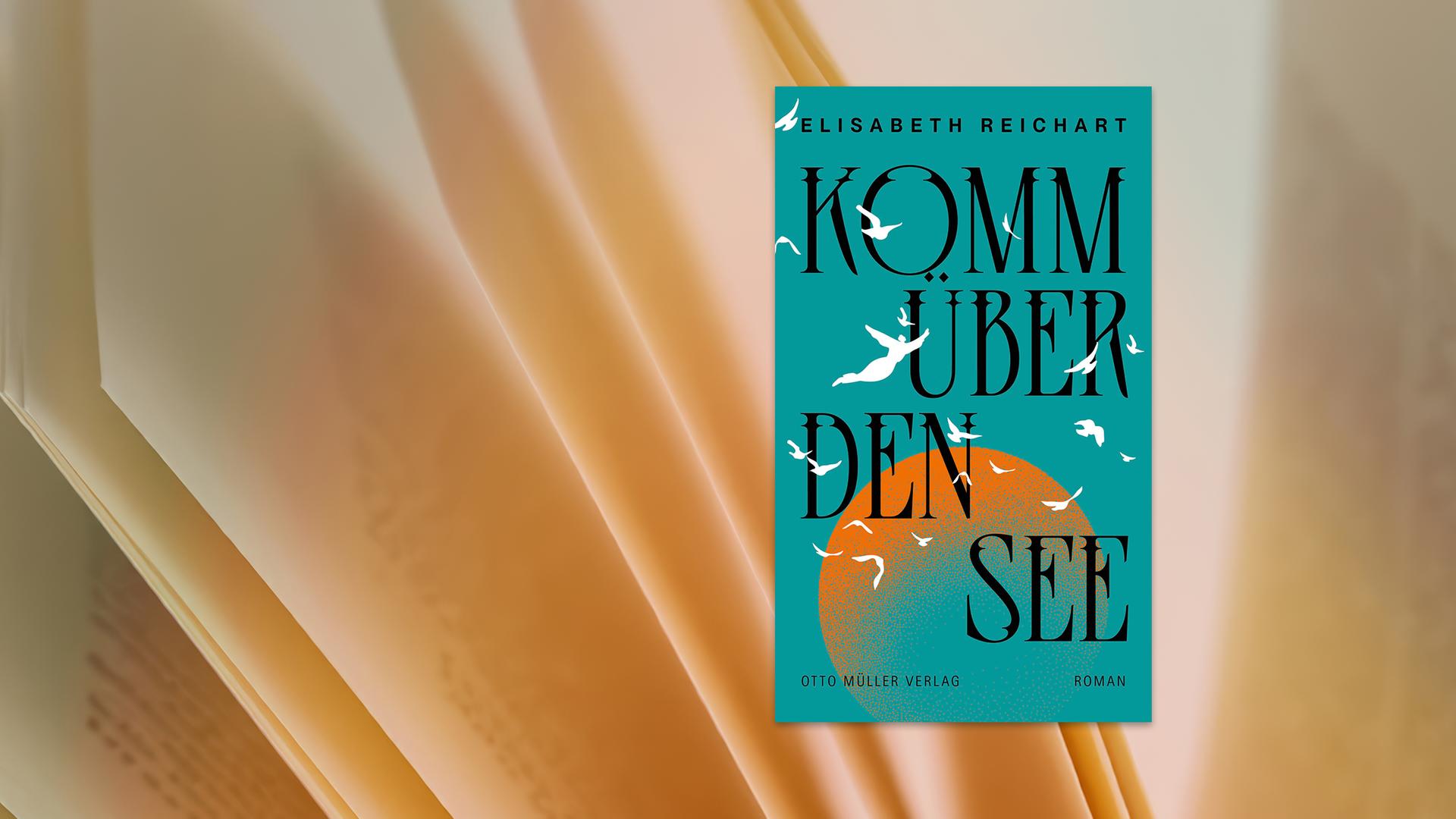 Der Buchumschlag zeigt einen Himmel in der Farbe Petrol, im unteren Bereich sieht man eine stilisierte Sonne in der Farbe Orange, darüber fliegen einige weiße Vögel und ein stilisierter Mensch mit Flügeln.