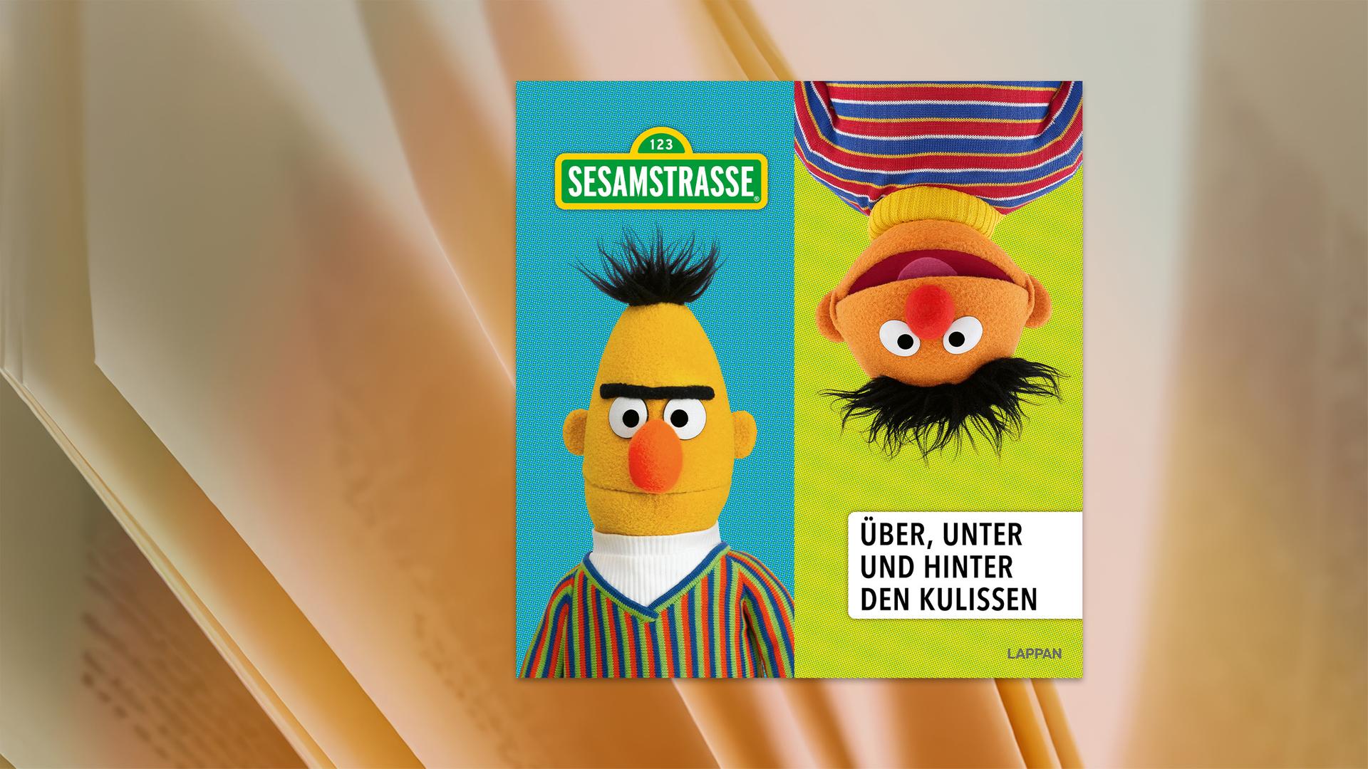 Buchcover des Sesamstraßen-Bildbands Sesamstrasse – Über, unter und hinter den Kulissen mit der Figur Bert links vor blauem Hintergrund und der Figur Ernie kopfüber vor grüngelbem Hintergrund daneben. Oben links ist das Sesamstraßen-Logo zu sehen und rechts unten steht der Titel.
