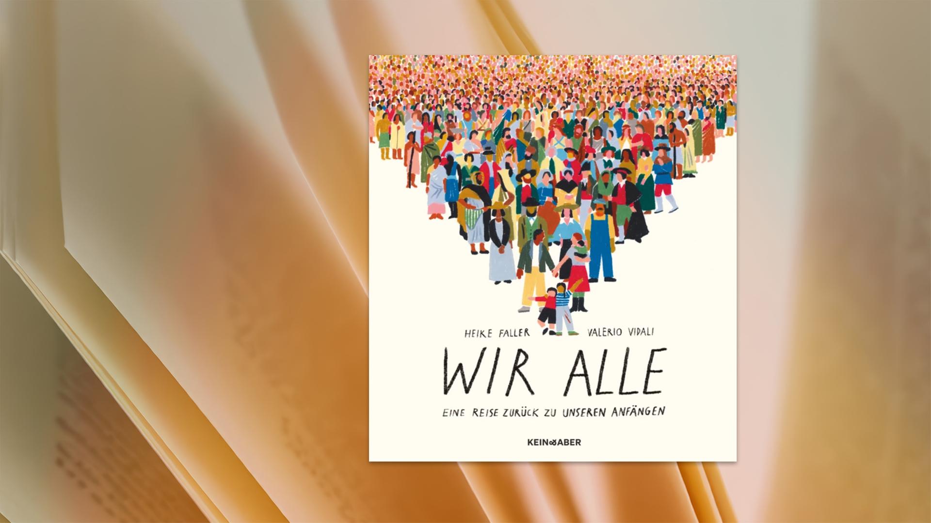 Auf dem Buchumschlag ist eine gemalte Menschenmenge zu sehen, die sich nach vorne verjüngt und auf ein Kinderpaar zuläuft.
