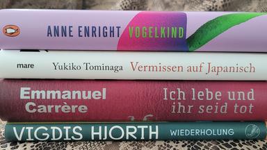 Die Rücken von vier aufeinandergestapelten Büchern.