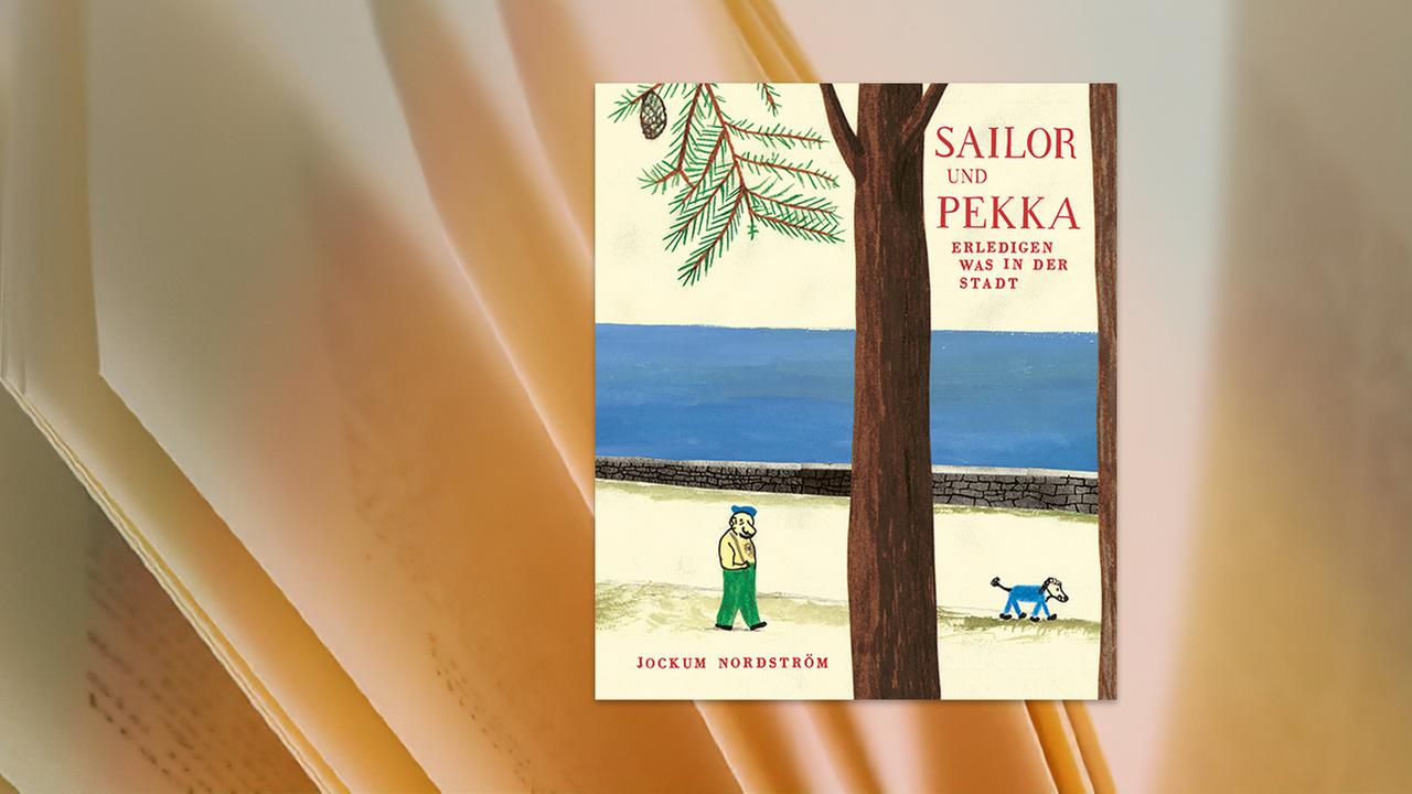 Auf dem Umschlag des Kinderbuchs ist das gemalte Bild eines Mannes und eines Hundes zu sehen, die an einer Kaimauer am Meer spazieren gehen.
