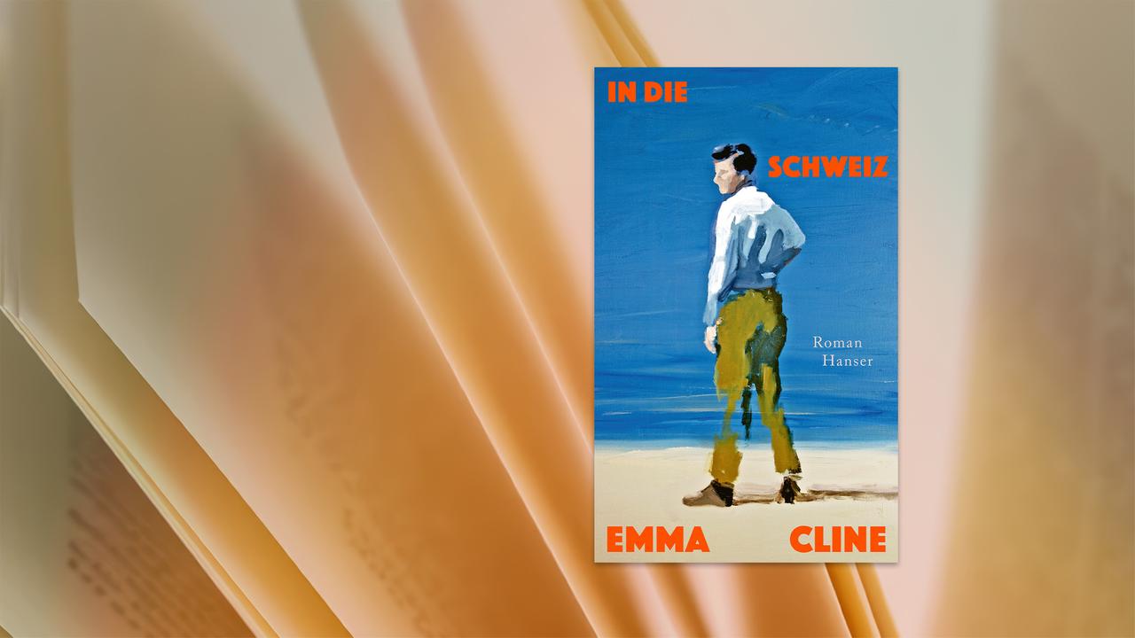 Cover des Buches von In die Schweiz von Emma Cline: Gemalte Figur in weißem Oberteil und gelb-grüner Hose vor blauem Hintergrund. Am oberen und unteren Rand des Covers sind der Titel und der Autorinnenname in roter Schrift gedruckt.