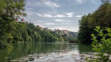 Blick auf einen Fluss, an beiden Ufern Bäume und Büsche, am linken Ufer liegt eine Burg auf einem Hügel.