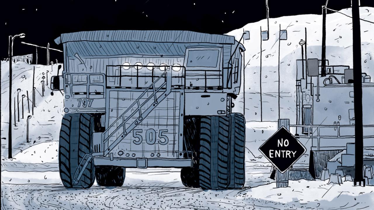 Im Comic "Ducks" ist ein großes Fahrzeug von hinten zu sehen, das auf ein Camp mit dem Schild "No Entry" fährt.