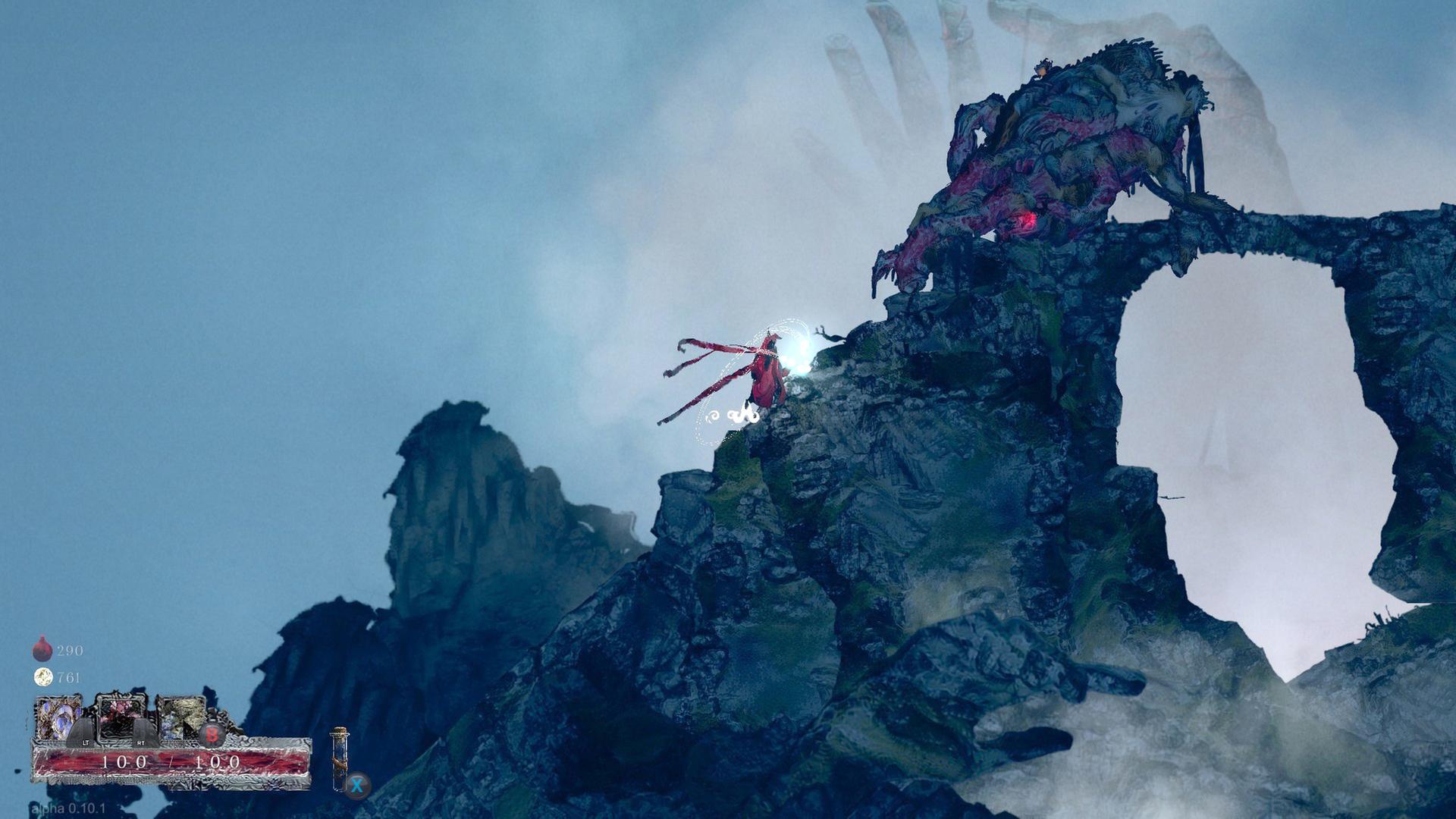 Computerspielszene aus "Source of Madness": Eine Person steigt auf einen zerklüfteten Berg.