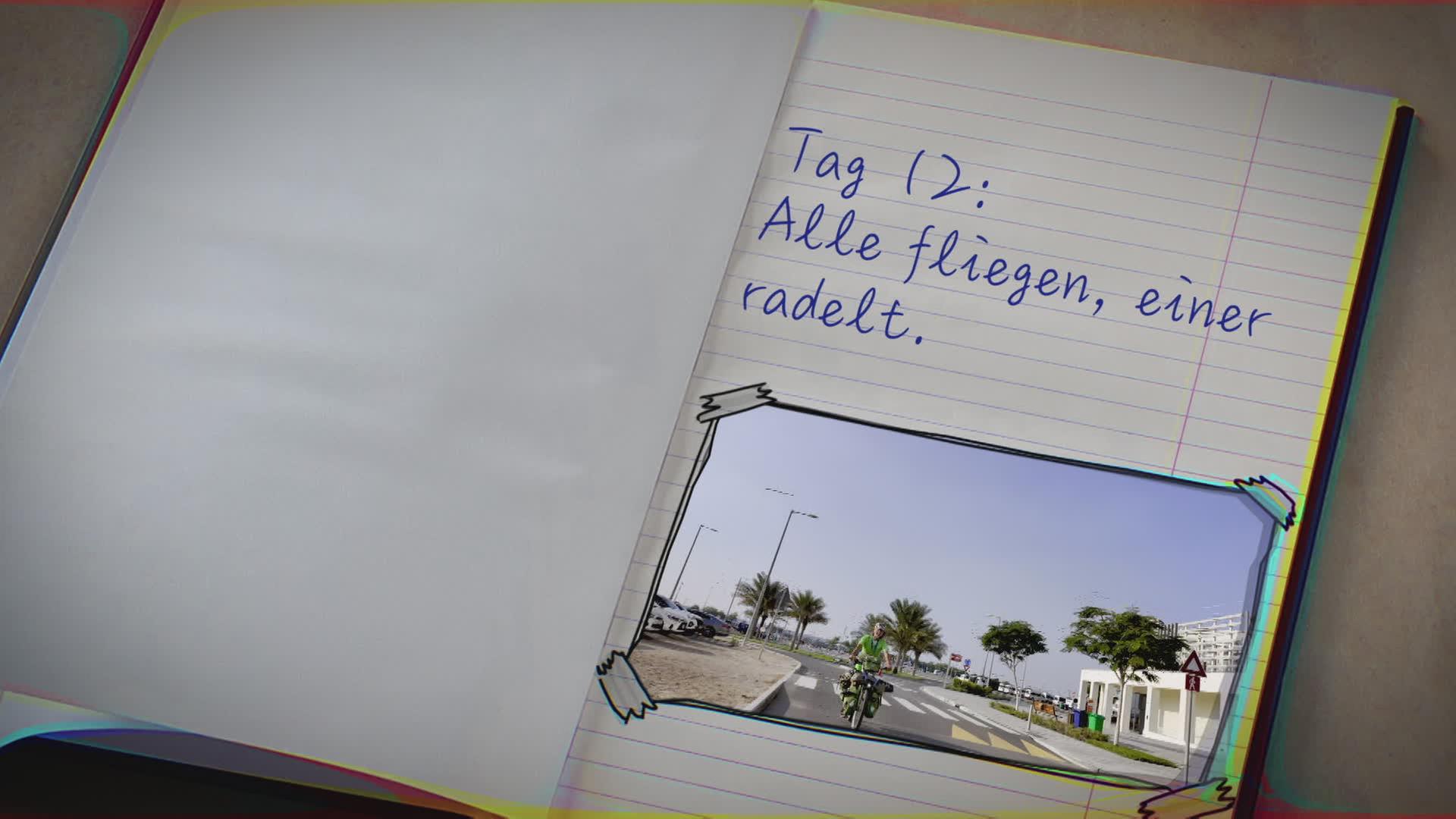 Seite im Tagebuch mit Schrift: Alle fliegen, einer radelt.