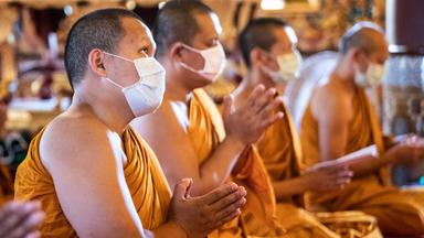 Buddhistische Mönche in Thailand beten mit Schutzmasken