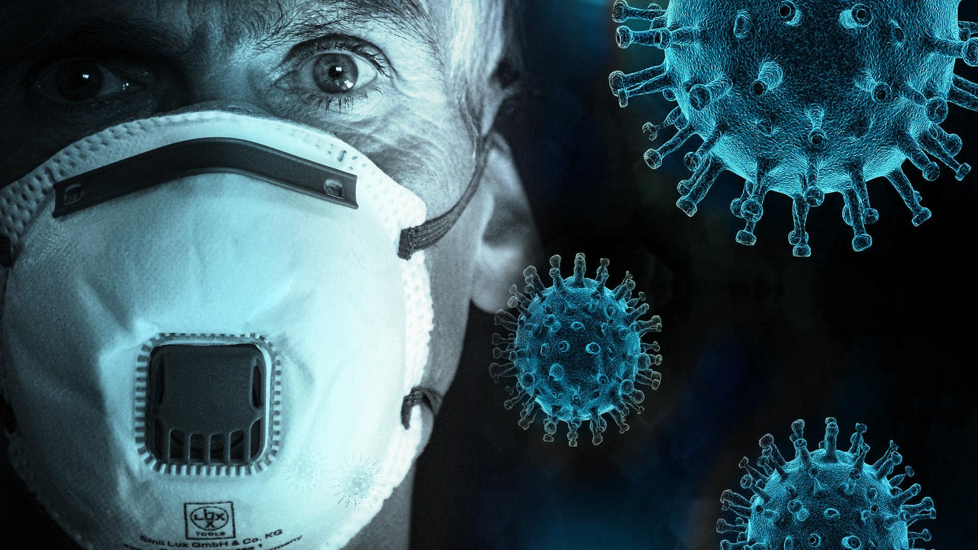 Mann mit Maske, Corona-Viren schweben um ihn herum