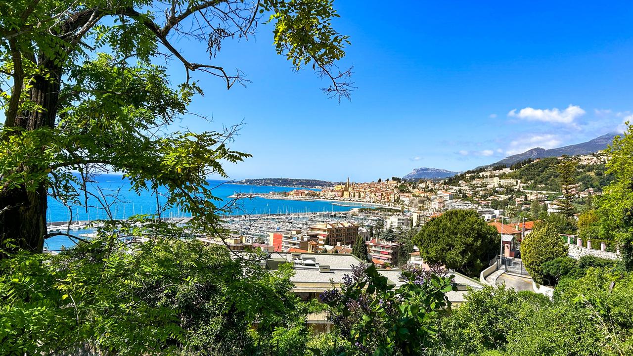 Das Bild zeigt eine Küstenlandschaft an der Côte d'Azur. Im Vordergrund sind grüne Bäume und Sträucher, im Hintergrund ein azurblaues Meer mit einem Yachthafen und einer Stadtansicht. Der Himmel ist klar und blau.