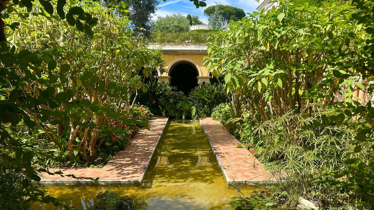 Das Bild zeigt einen Garten mit Pflanzen und einem schmalen Wasserlauf. Am Ende des Weges ist ein Bogen mit einem dunklen Eingang sichtbar. Rundherum sind grüne Sträucher und Blumen.