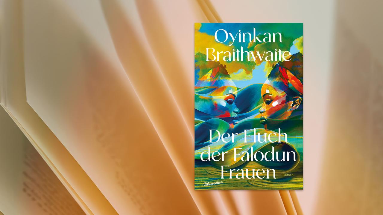 Das Buchcover zeigt den Titel "Der Fluch der Falodun Frauen" von Oyinkan Braithwaite. Zwei stilisierte Frauengesichter blicken sich auf einem farbenfrohen Hintergrund aus abstrakten Formen und Farben an. Unten auf dem Cover stehen die Begriffe „Blumenbar“ und „Roman“. 