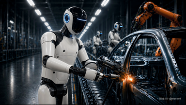Ein humanoider Roboter arbeitet in einer dunklen, futuristischen Autofabrik mit einem Werkzeug an einer schwarzen Fahrzeugkarosserie. Im Hintergrund sind weitere Roboter und ein orangefarbener Industrieroboter zu sehen.