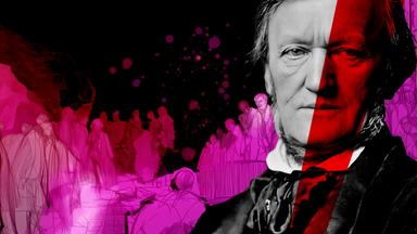 Grafik eines Porträts von Richard Wagner und einer Menschenmenge